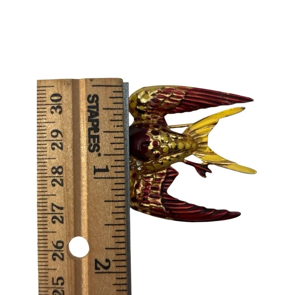 Vintage Gold Tone Red and Yellow Enamel Rhinestone‎ Fire Bird Brooch Pin
